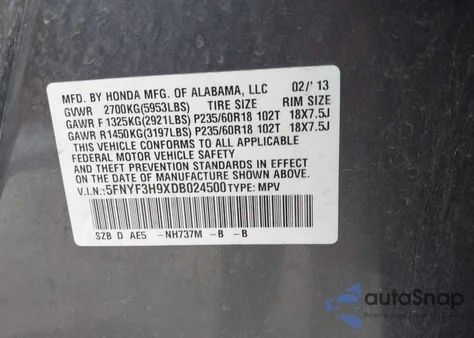 2013 Honda Pilot Touring из США, поврежденный, VIN 5FNYF3H9XDB024500